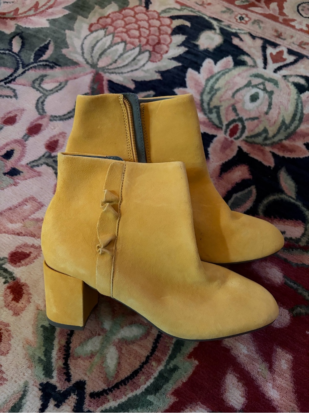 Rockport Yellow Suede Block Heel Ankle Boots with ruffle